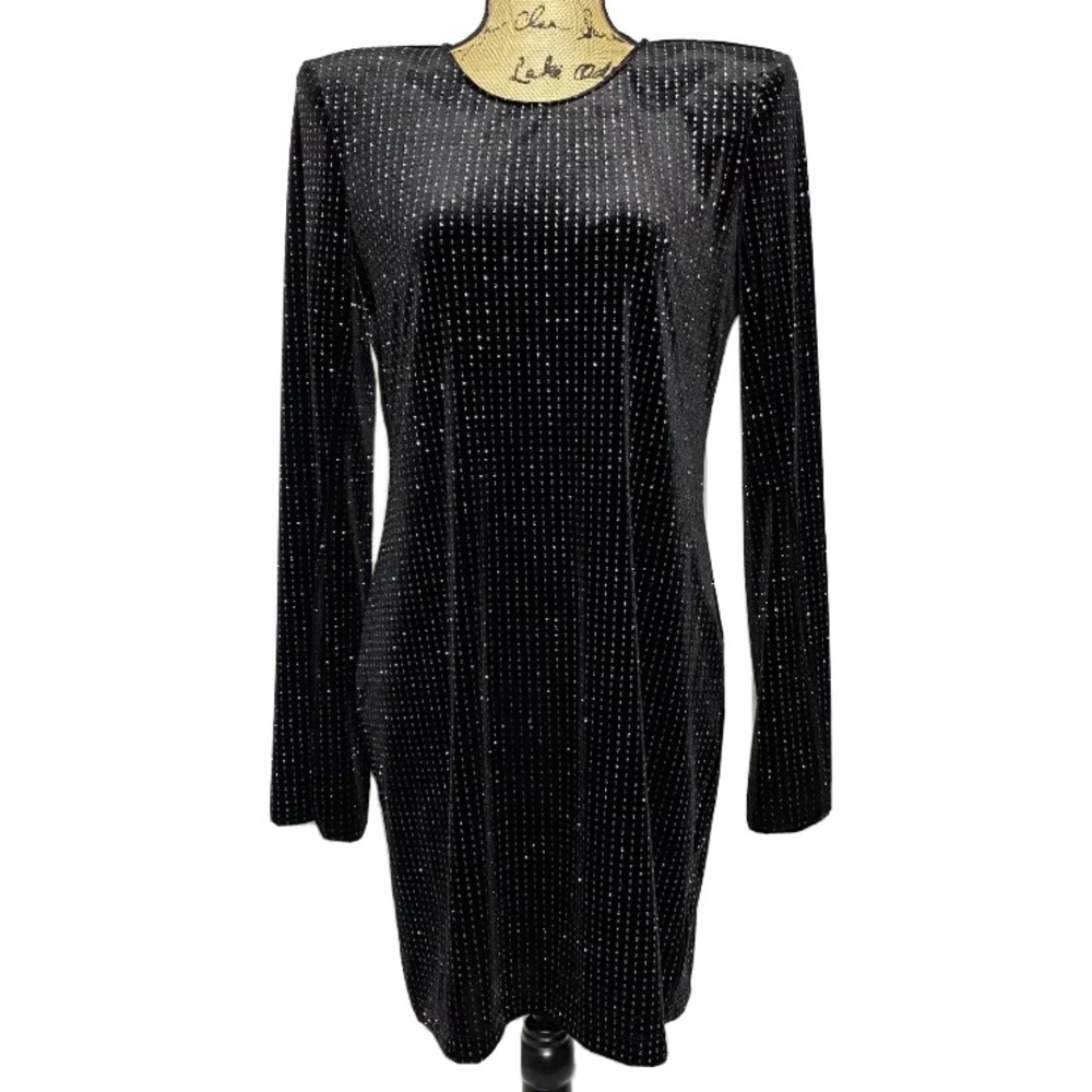 L'AGENCE Black Silver Shimmer Sparkle Long Sleeve Dress